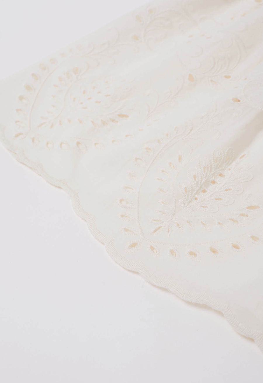 Floral Vine Embroidered Tiered Cotton Skirt in Ivory