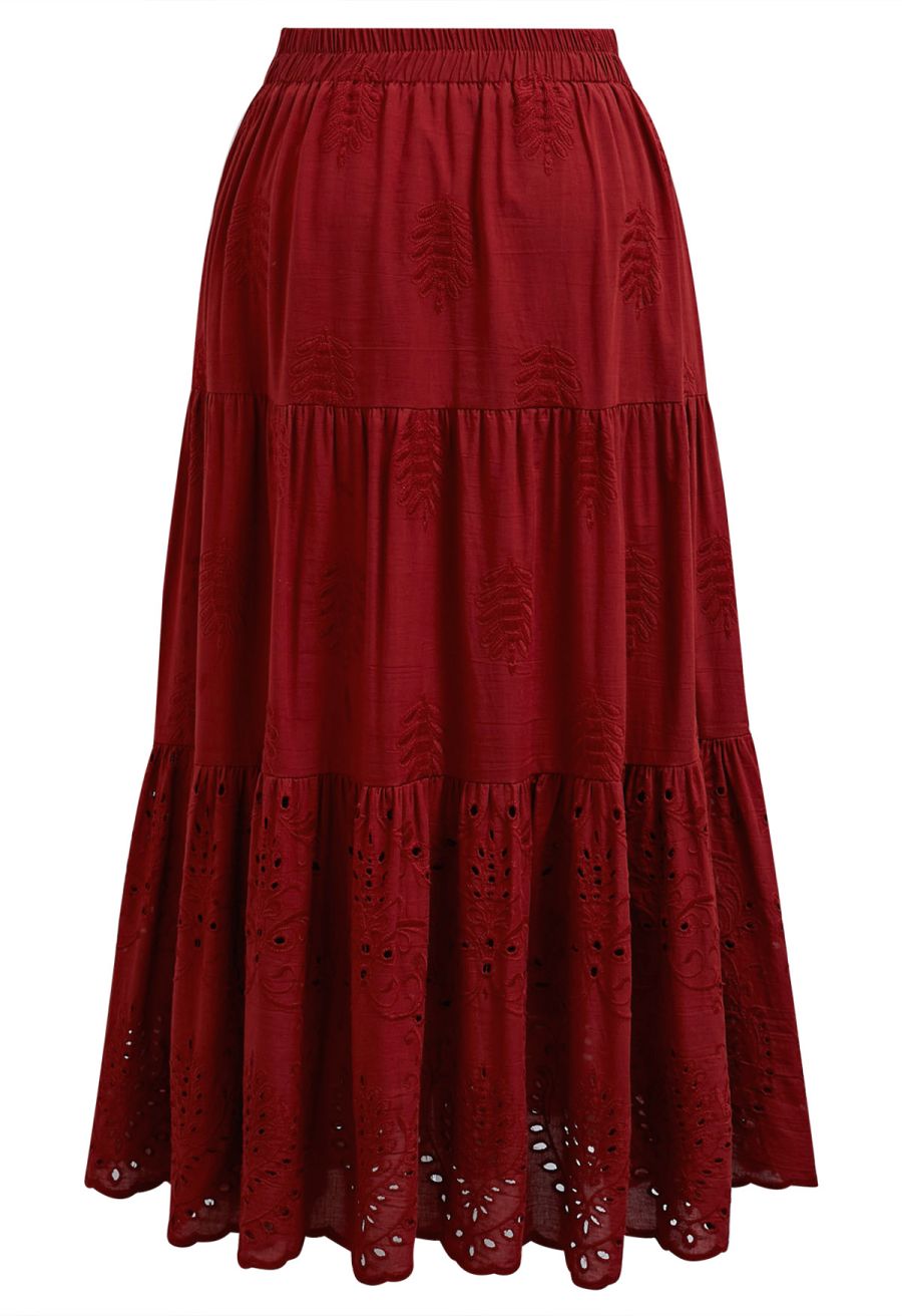 Floral Vine Embroidered Tiered Cotton Skirt in Red