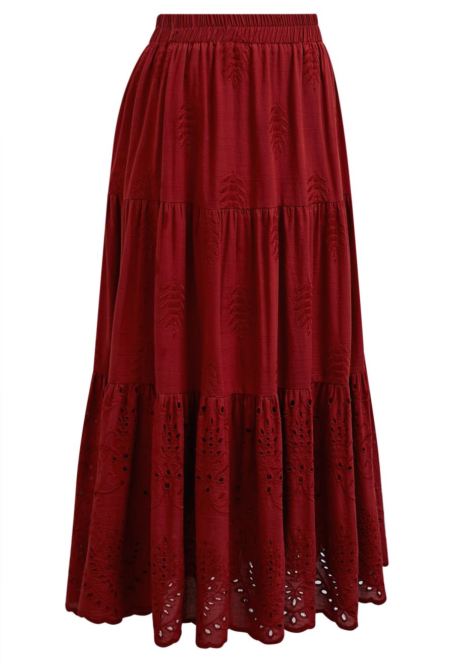 Floral Vine Embroidered Tiered Cotton Skirt in Red