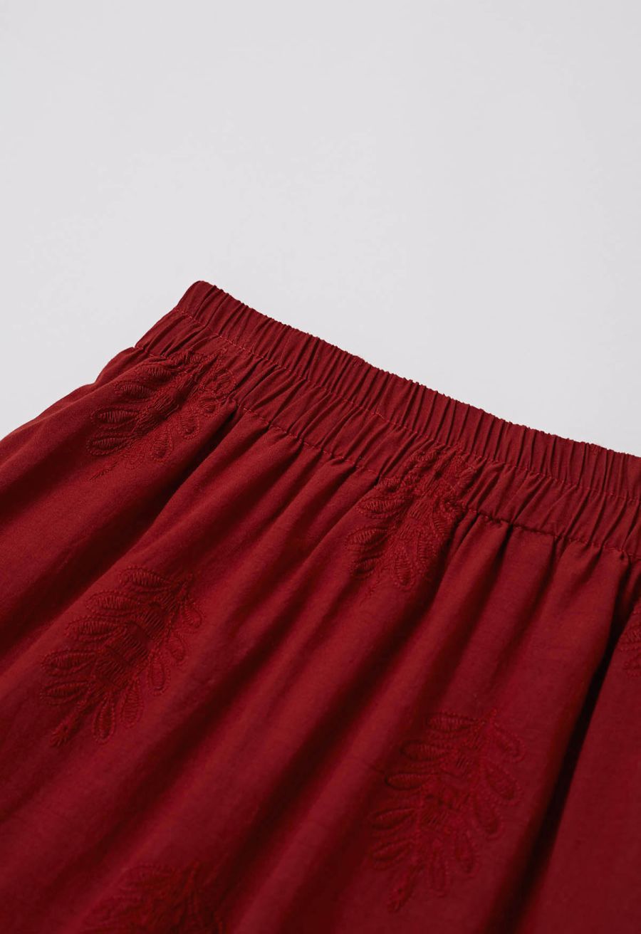 Floral Vine Embroidered Tiered Cotton Skirt in Red