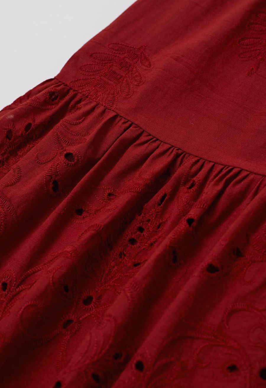 Floral Vine Embroidered Tiered Cotton Skirt in Red