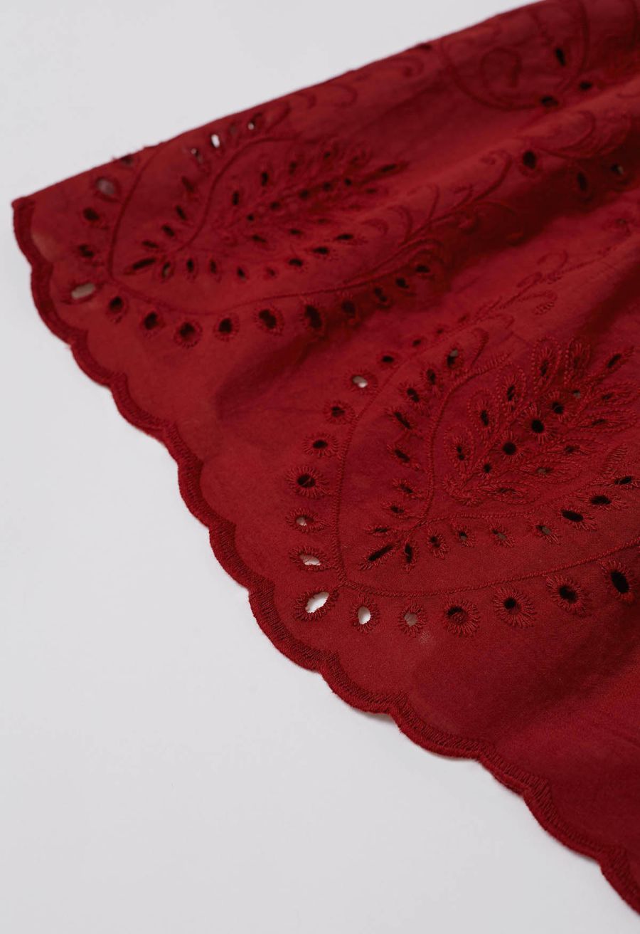 Floral Vine Embroidered Tiered Cotton Skirt in Red