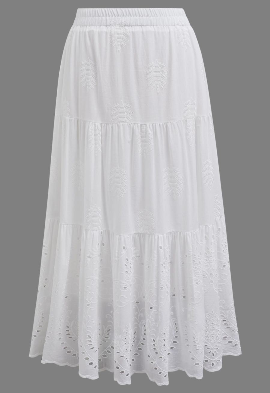 Floral Vine Embroidered Tiered Cotton Skirt in White