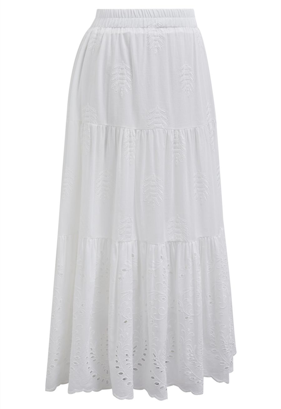 Floral Vine Embroidered Tiered Cotton Skirt in White