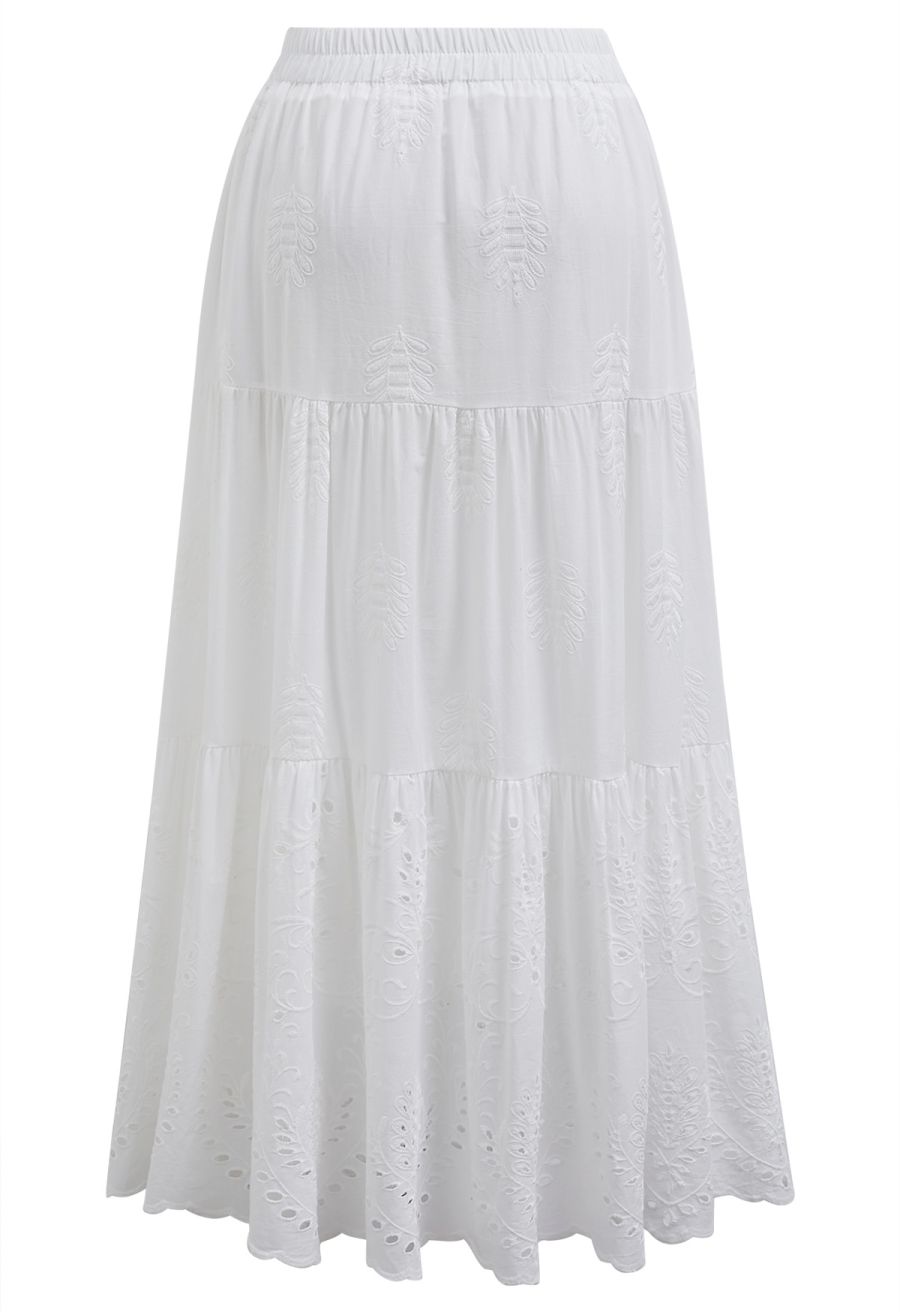 Floral Vine Embroidered Tiered Cotton Skirt in White