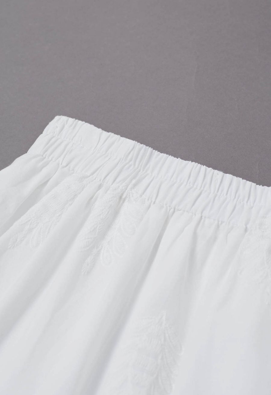 Floral Vine Embroidered Tiered Cotton Skirt in White