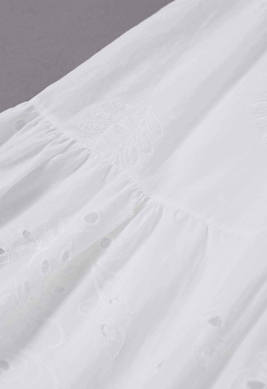 Floral Vine Embroidered Tiered Cotton Skirt in White