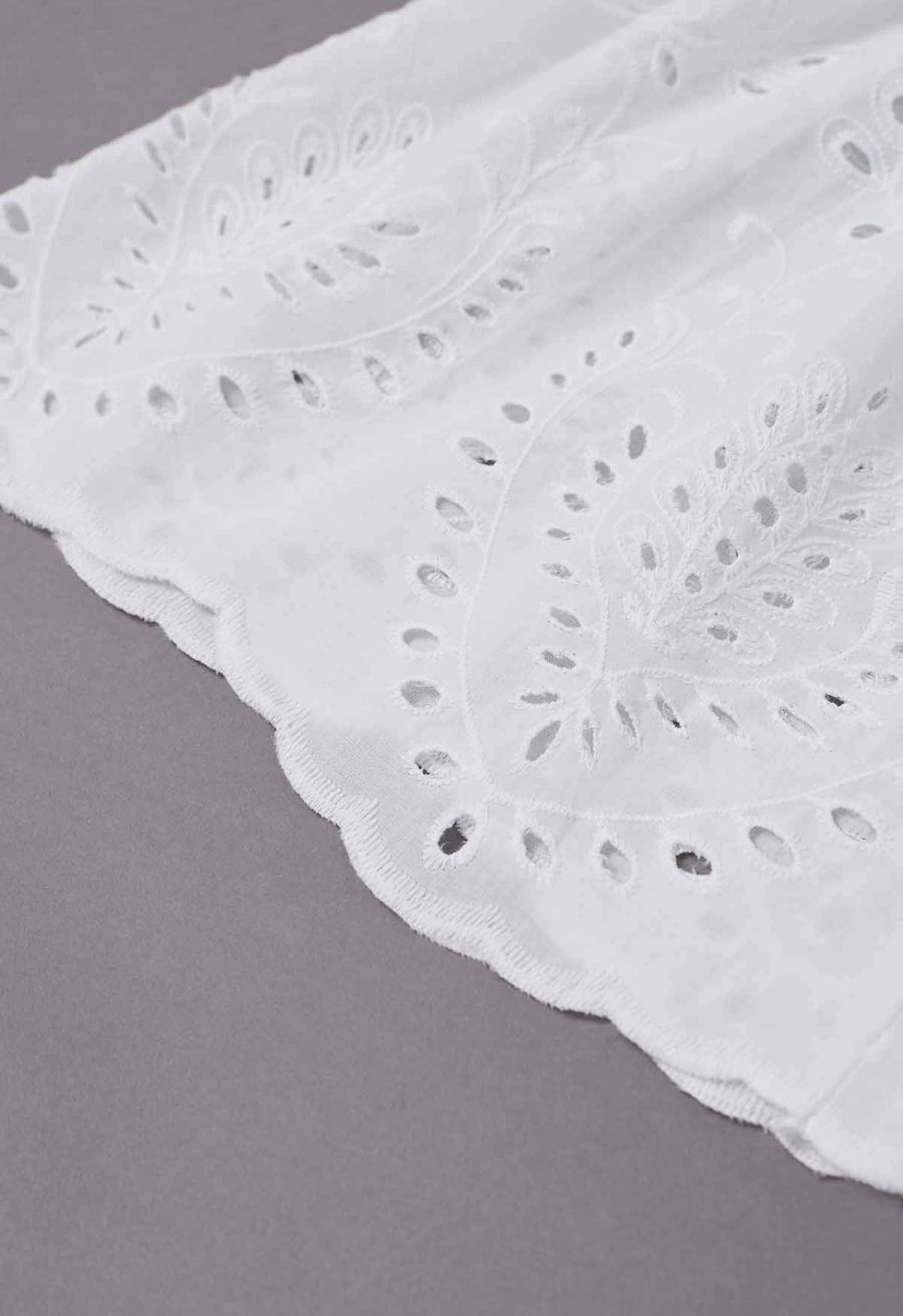 Floral Vine Embroidered Tiered Cotton Skirt in White