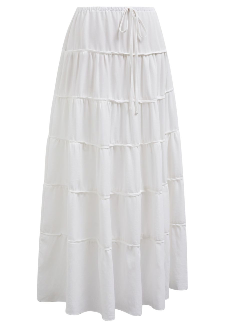 Relaxed Fit Tie-Waist Tiered Maxi Skirt in White