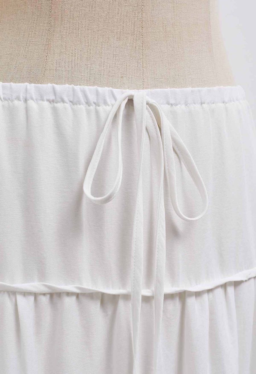 Relaxed Fit Tie-Waist Tiered Maxi Skirt in White