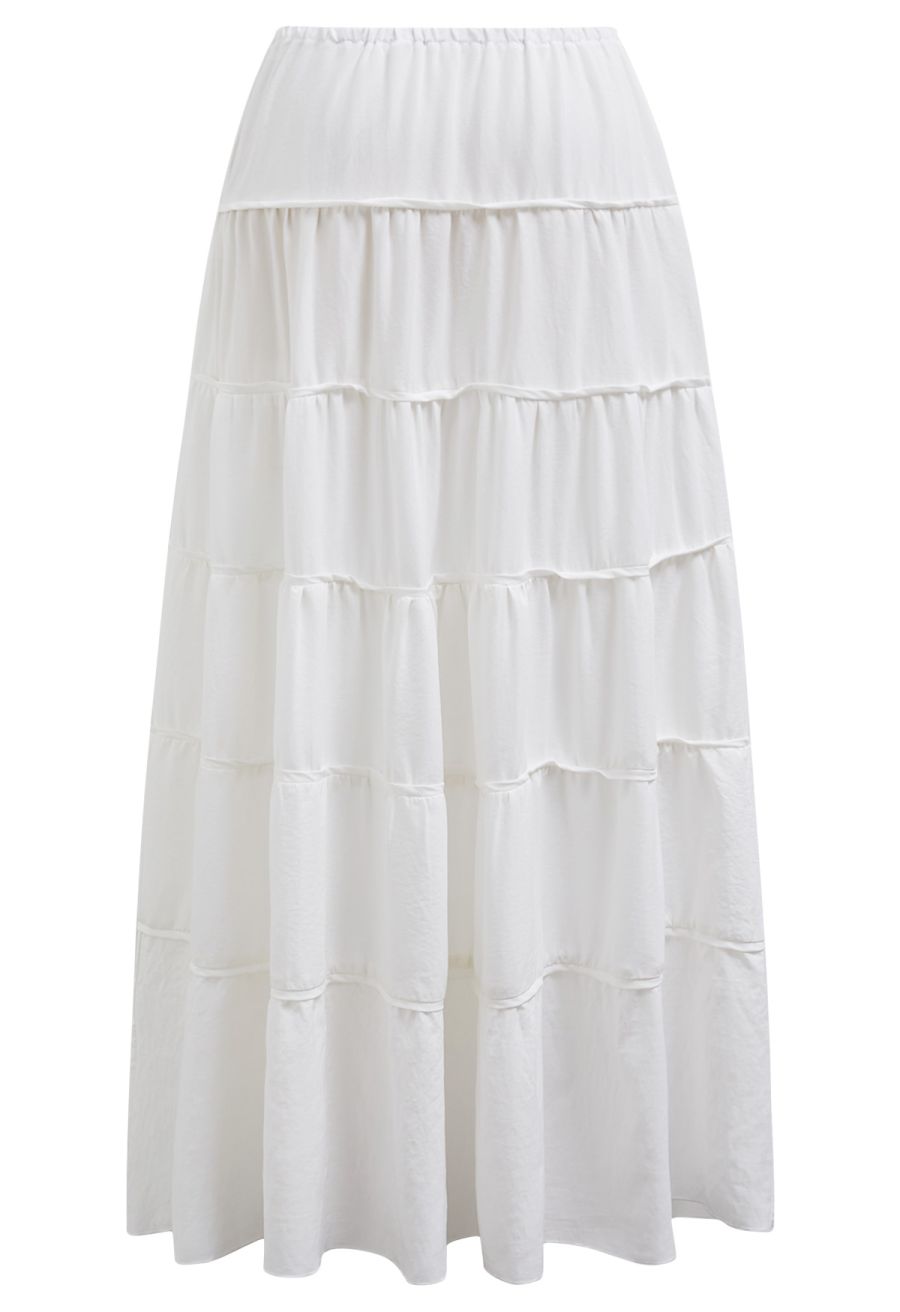 Relaxed Fit Tie-Waist Tiered Maxi Skirt in White