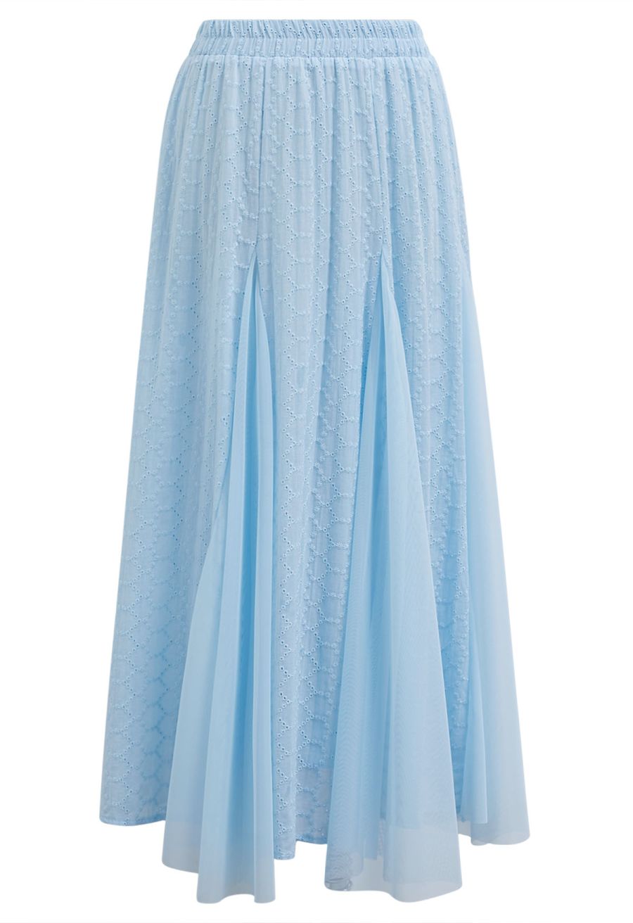 Mesh-Panel Honeycomb Embroidered Maxi Skirt in Baby Blue