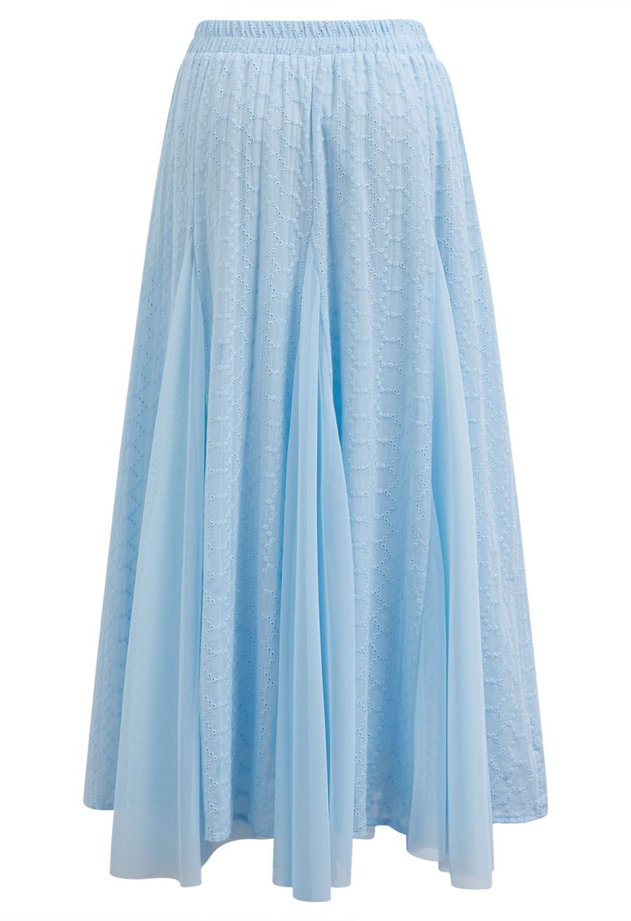 Mesh-Panel Honeycomb Embroidered Maxi Skirt in Baby Blue