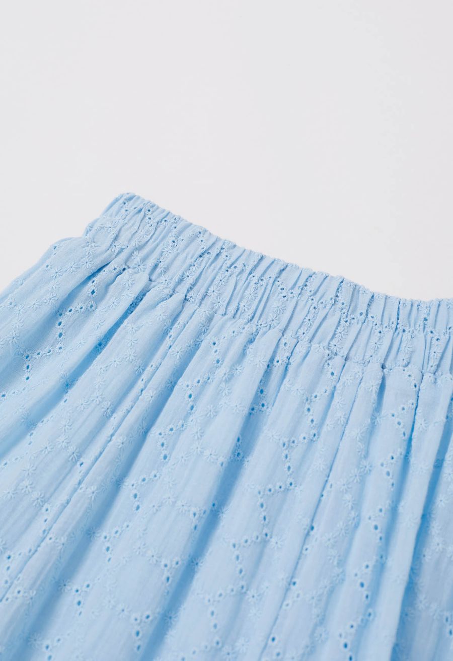 Mesh-Panel Honeycomb Embroidered Maxi Skirt in Baby Blue