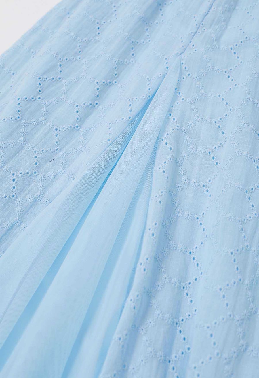 Mesh-Panel Honeycomb Embroidered Maxi Skirt in Baby Blue