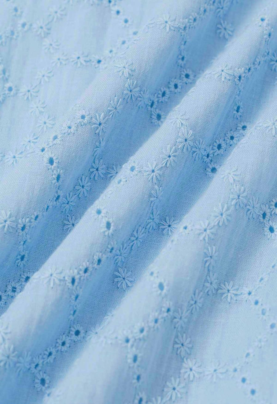 Mesh-Panel Honeycomb Embroidered Maxi Skirt in Baby Blue