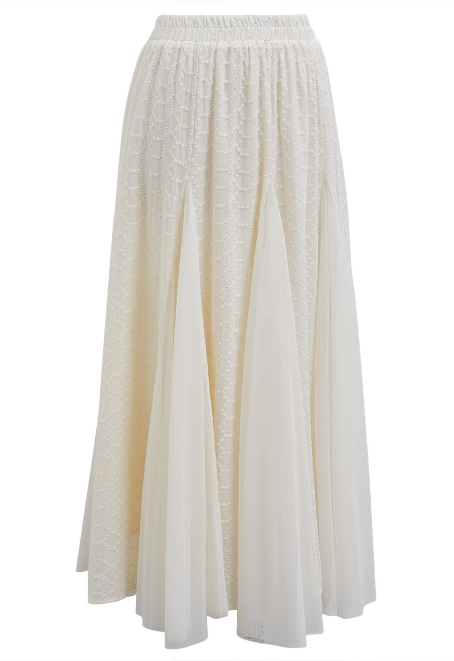 Mesh-Panel Honeycomb Embroidered Maxi Skirt in Cream
