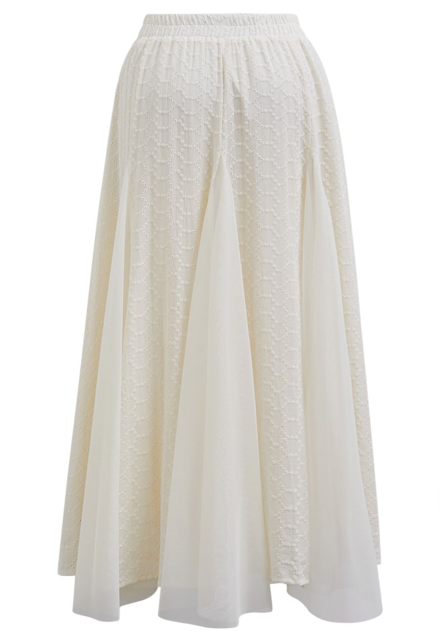 Mesh-Panel Honeycomb Embroidered Maxi Skirt in Cream