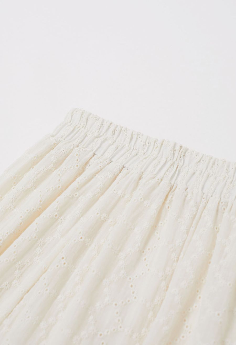 Mesh-Panel Honeycomb Embroidered Maxi Skirt in Cream