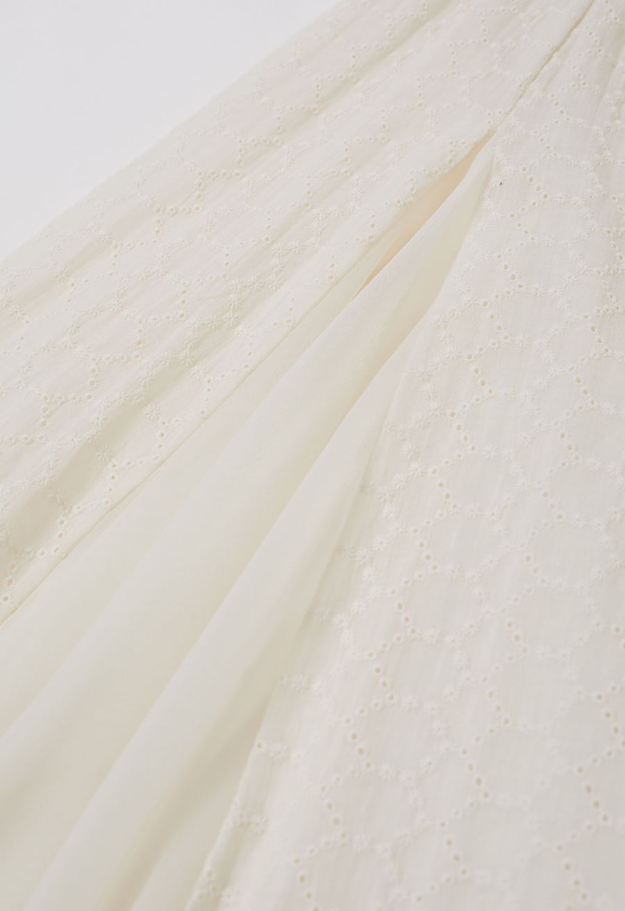 Mesh-Panel Honeycomb Embroidered Maxi Skirt in Cream
