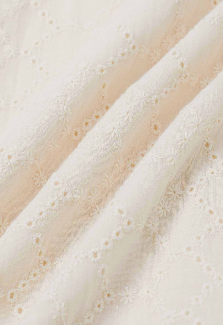 Mesh-Panel Honeycomb Embroidered Maxi Skirt in Cream