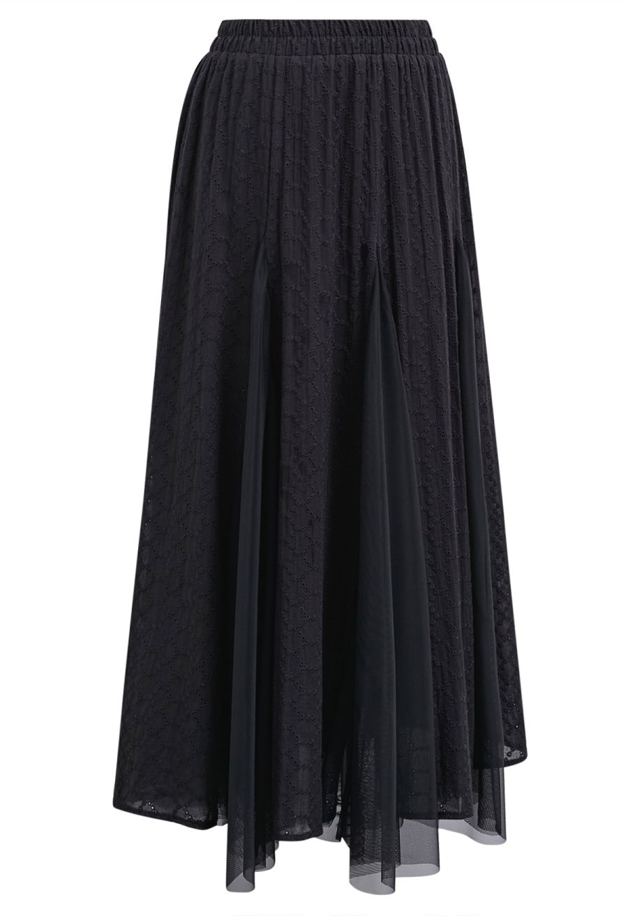 Mesh-Panel Honeycomb Embroidered Maxi Skirt in Black