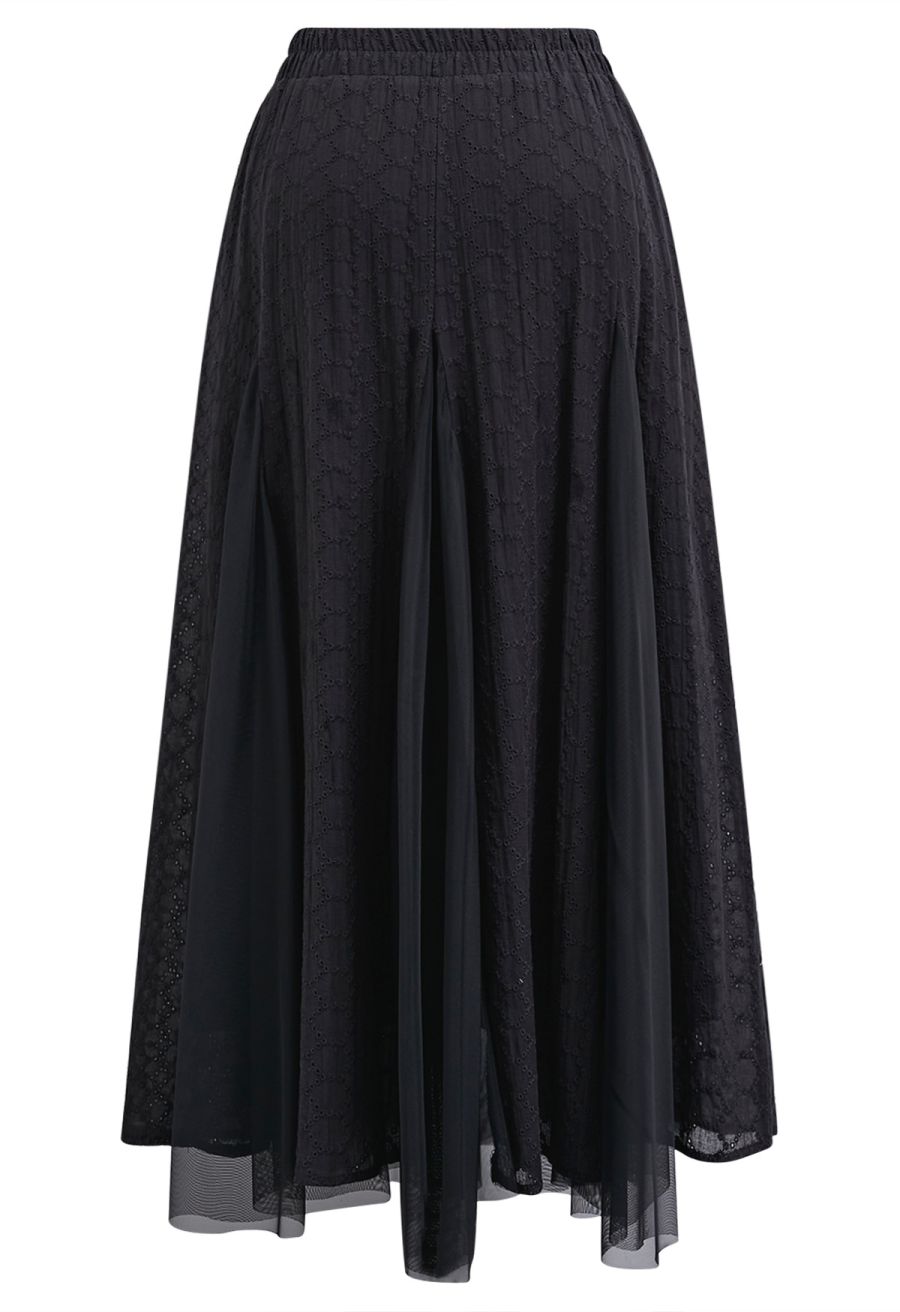 Mesh-Panel Honeycomb Embroidered Maxi Skirt in Black