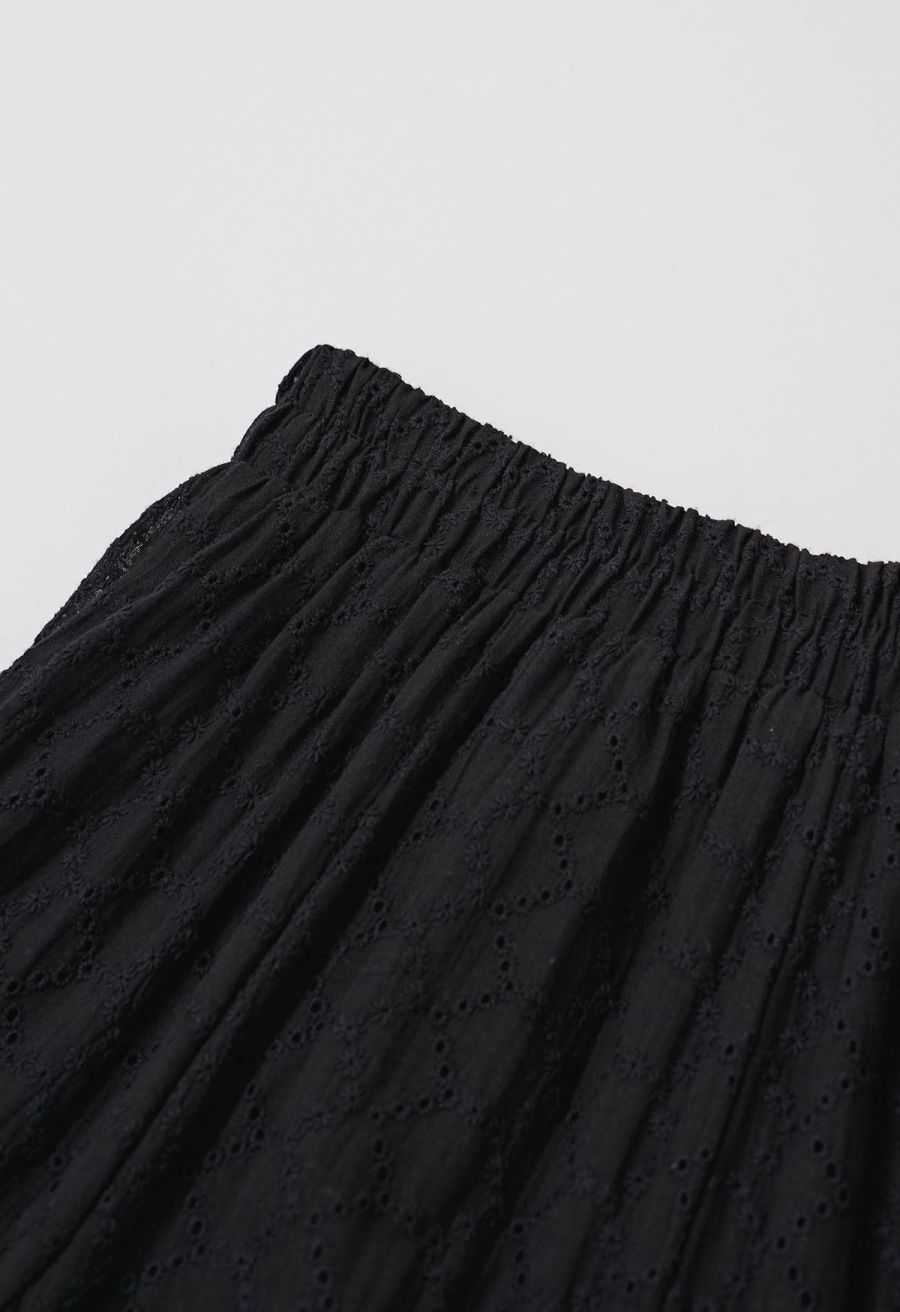 Mesh-Panel Honeycomb Embroidered Maxi Skirt in Black