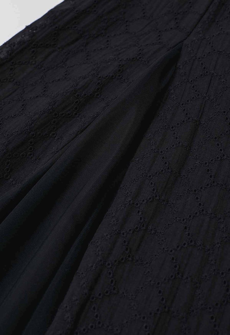 Mesh-Panel Honeycomb Embroidered Maxi Skirt in Black
