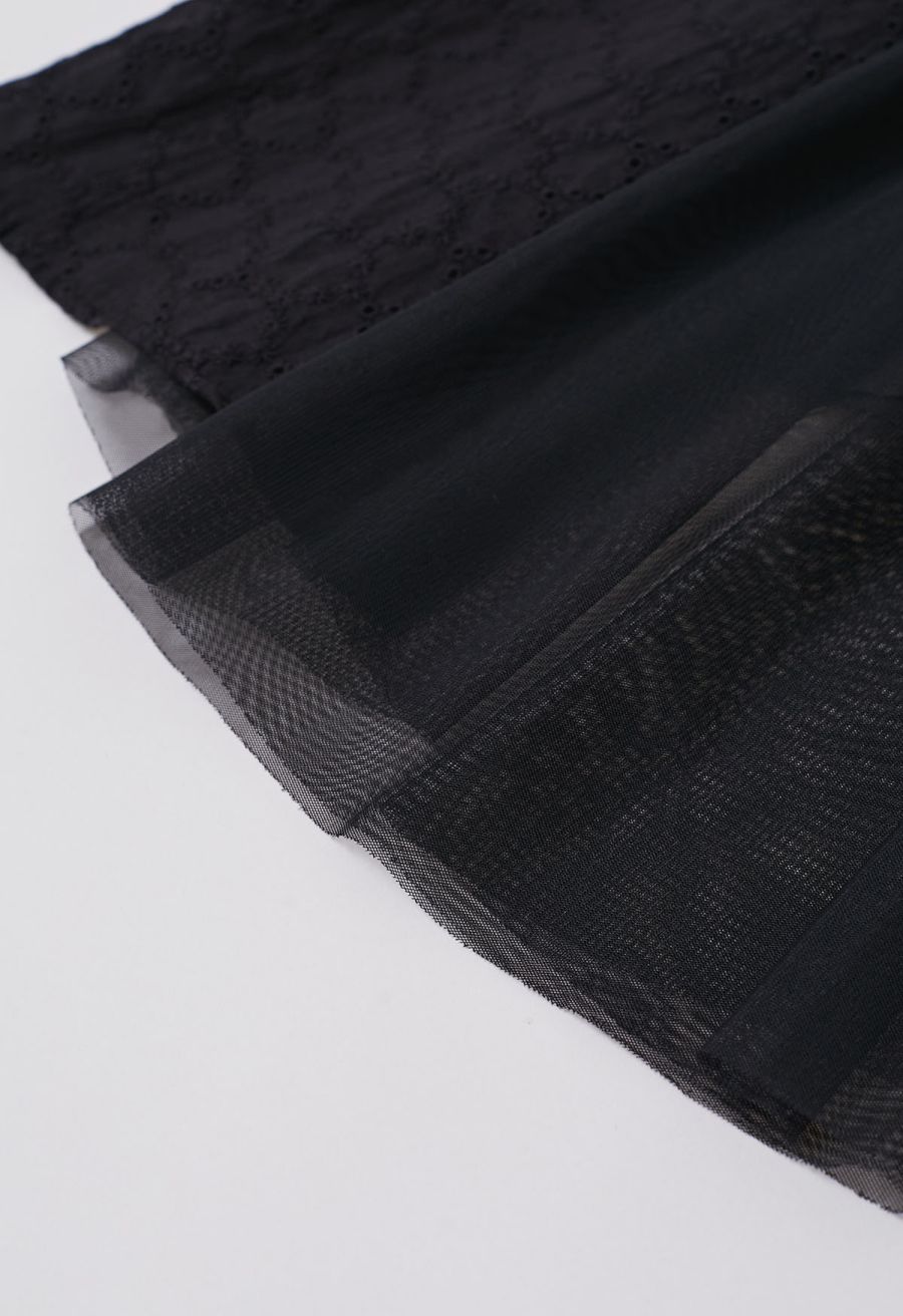 Mesh-Panel Honeycomb Embroidered Maxi Skirt in Black