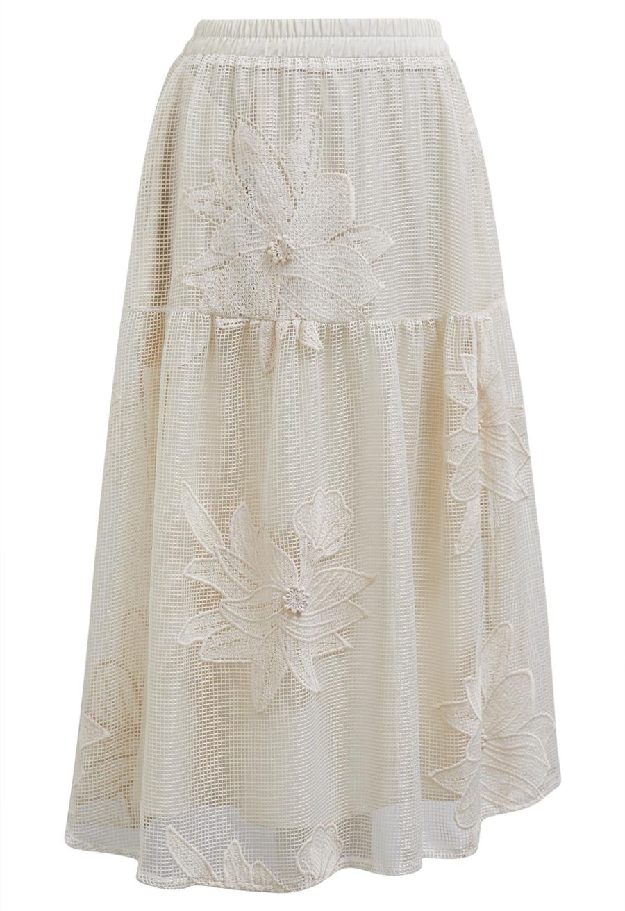 Intricate Embroidered Floral Fishnet Midi Skirt in Sand