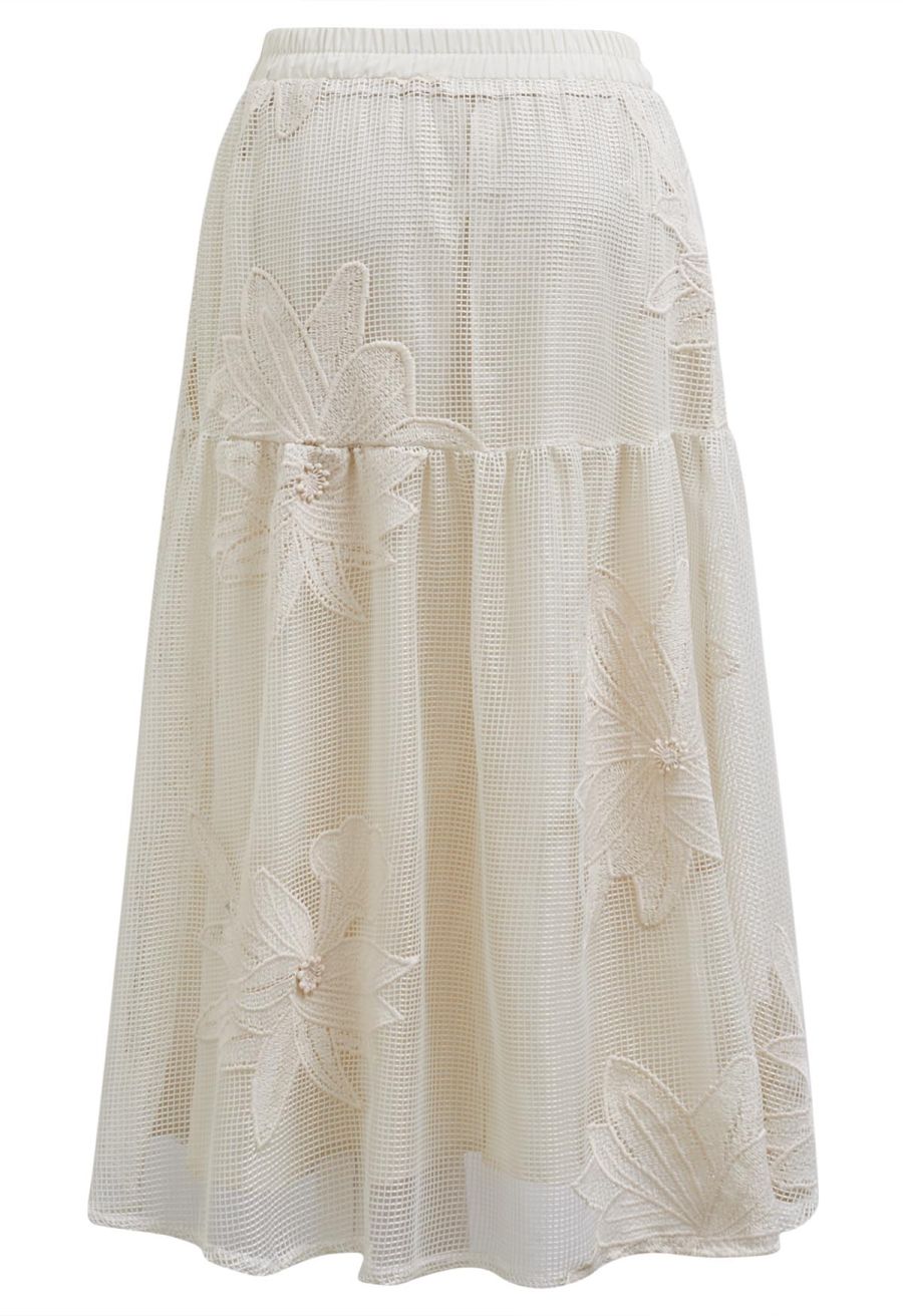 Intricate Embroidered Floral Fishnet Midi Skirt in Sand