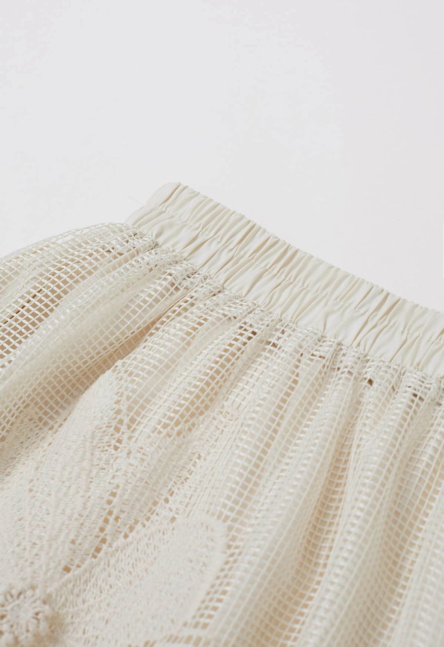 Intricate Embroidered Floral Fishnet Midi Skirt in Sand