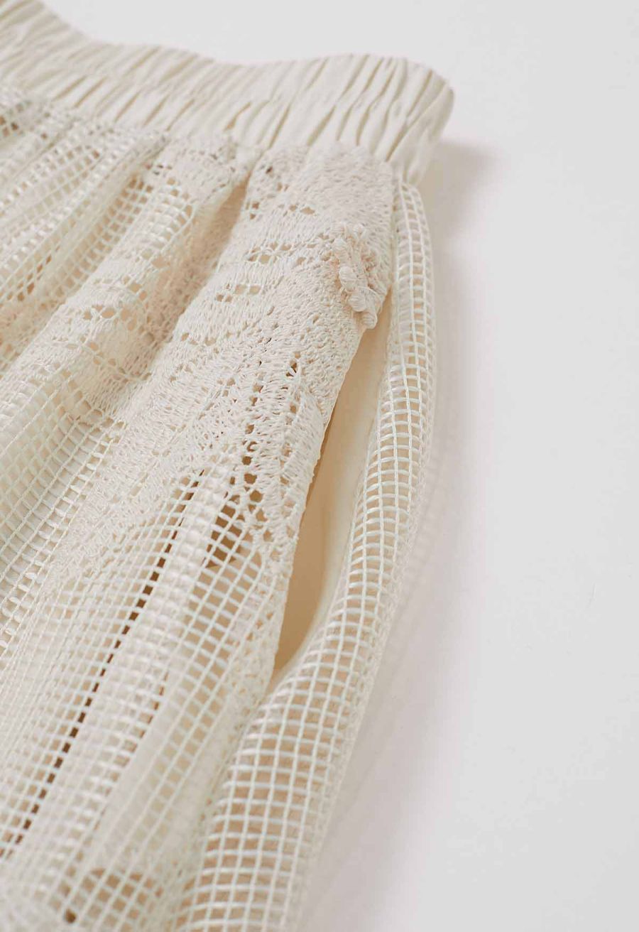 Intricate Embroidered Floral Fishnet Midi Skirt in Sand