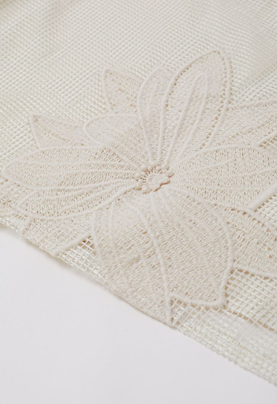 Intricate Embroidered Floral Fishnet Midi Skirt in Sand