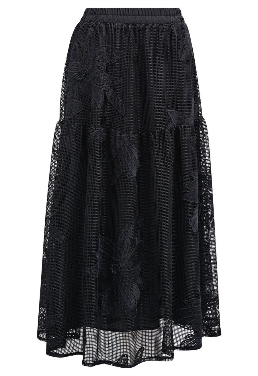Intricate Embroidered Floral Fishnet Midi Skirt in Black