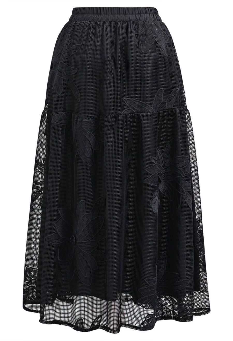 Intricate Embroidered Floral Fishnet Midi Skirt in Black