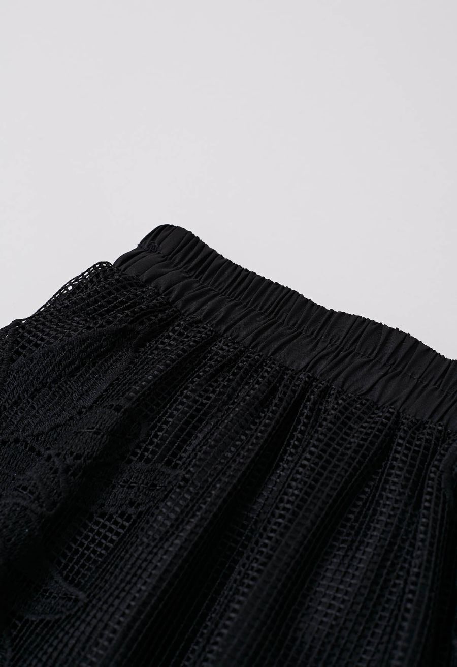 Intricate Embroidered Floral Fishnet Midi Skirt in Black