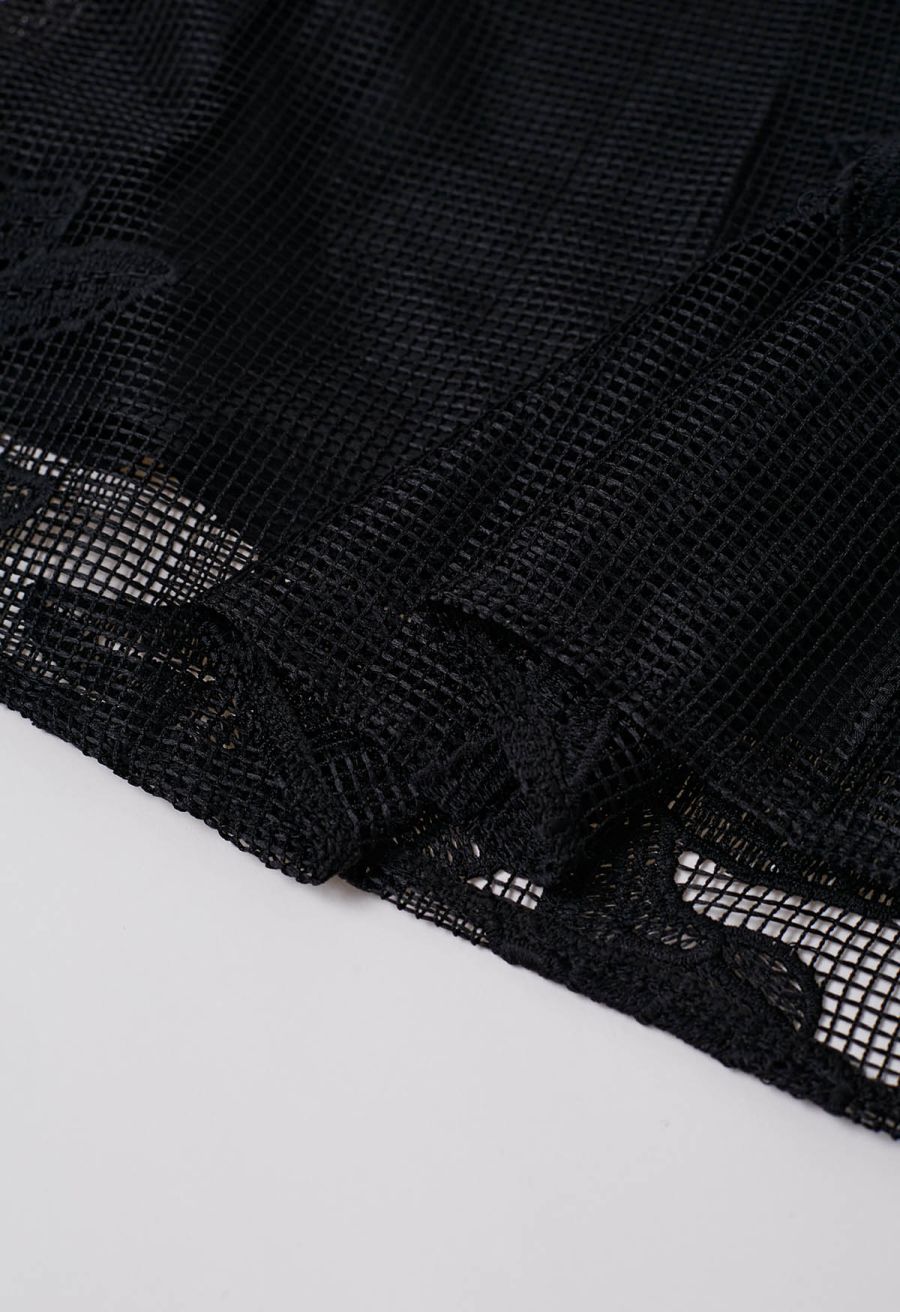 Intricate Embroidered Floral Fishnet Midi Skirt in Black