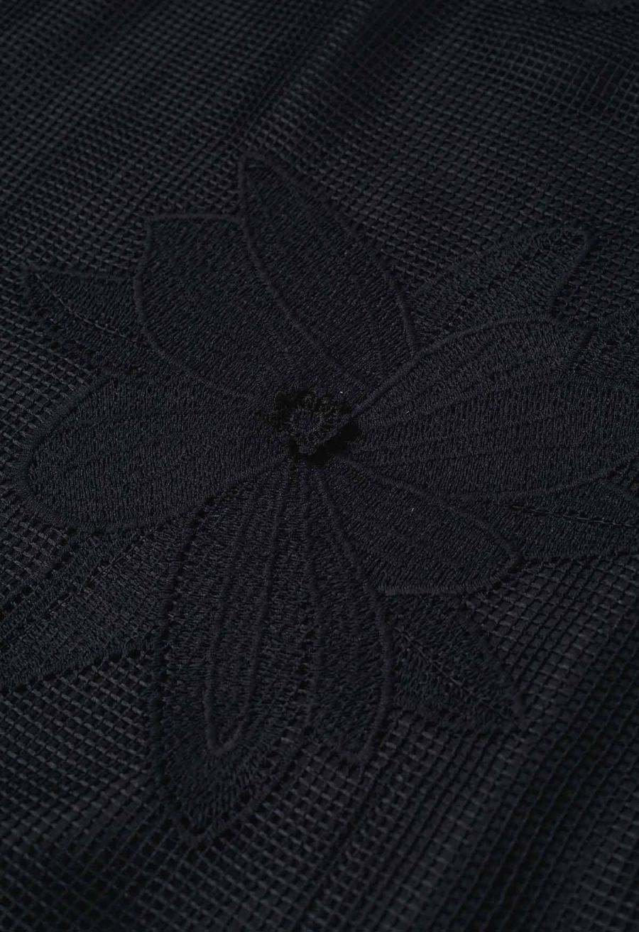 Intricate Embroidered Floral Fishnet Midi Skirt in Black