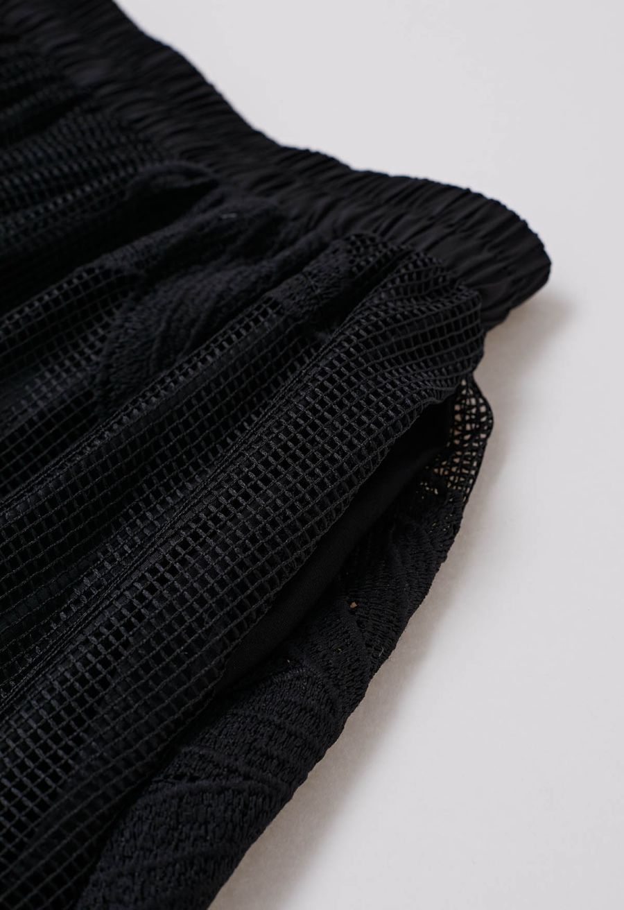 Intricate Embroidered Floral Fishnet Midi Skirt in Black