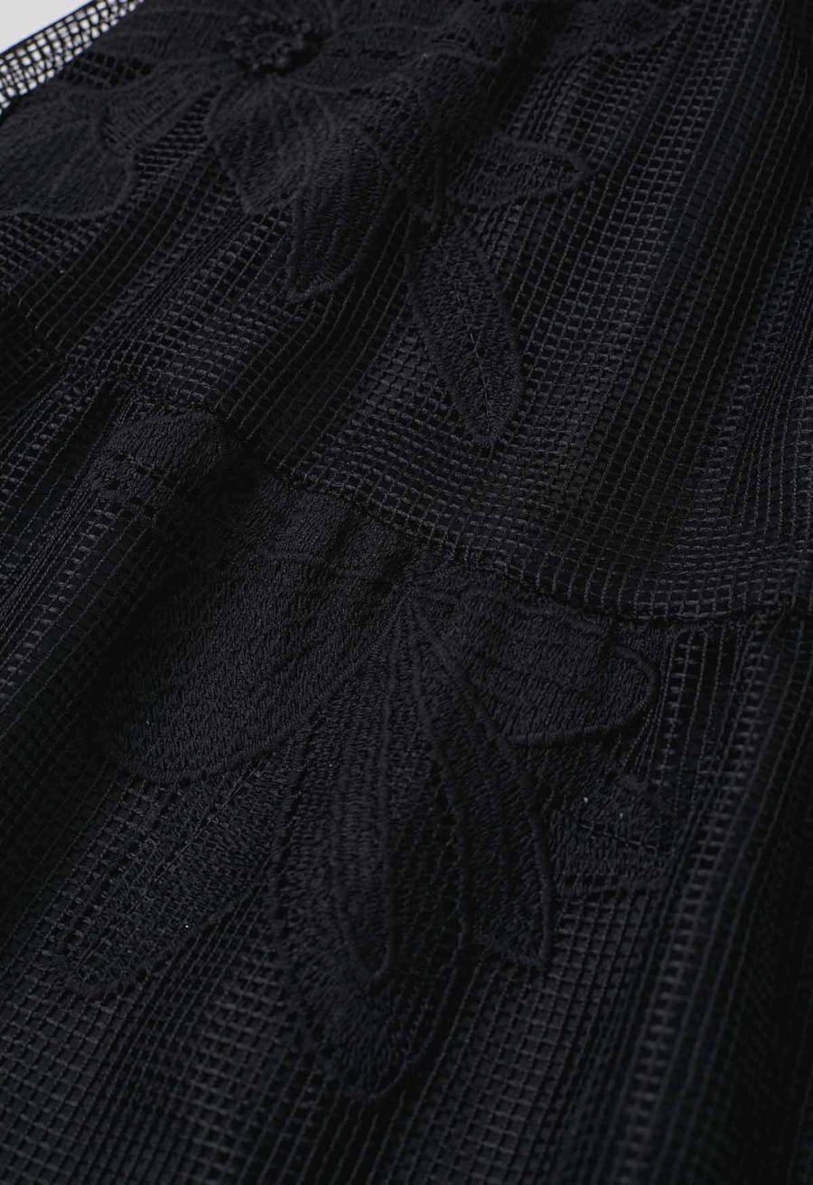 Intricate Embroidered Floral Fishnet Midi Skirt in Black