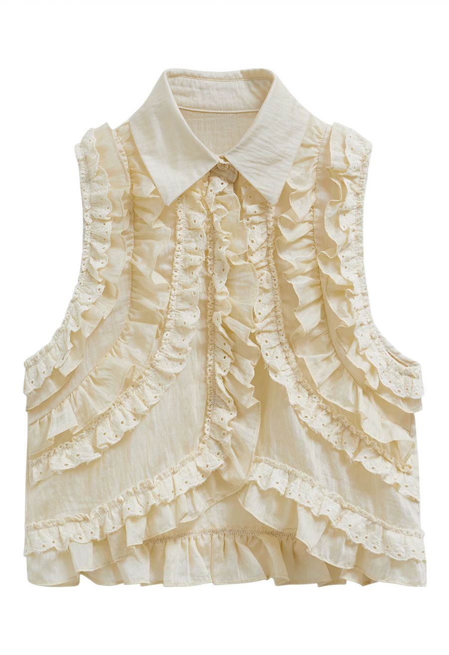 Ruffle Button-Front Semi-Sheer Sleeveless Top