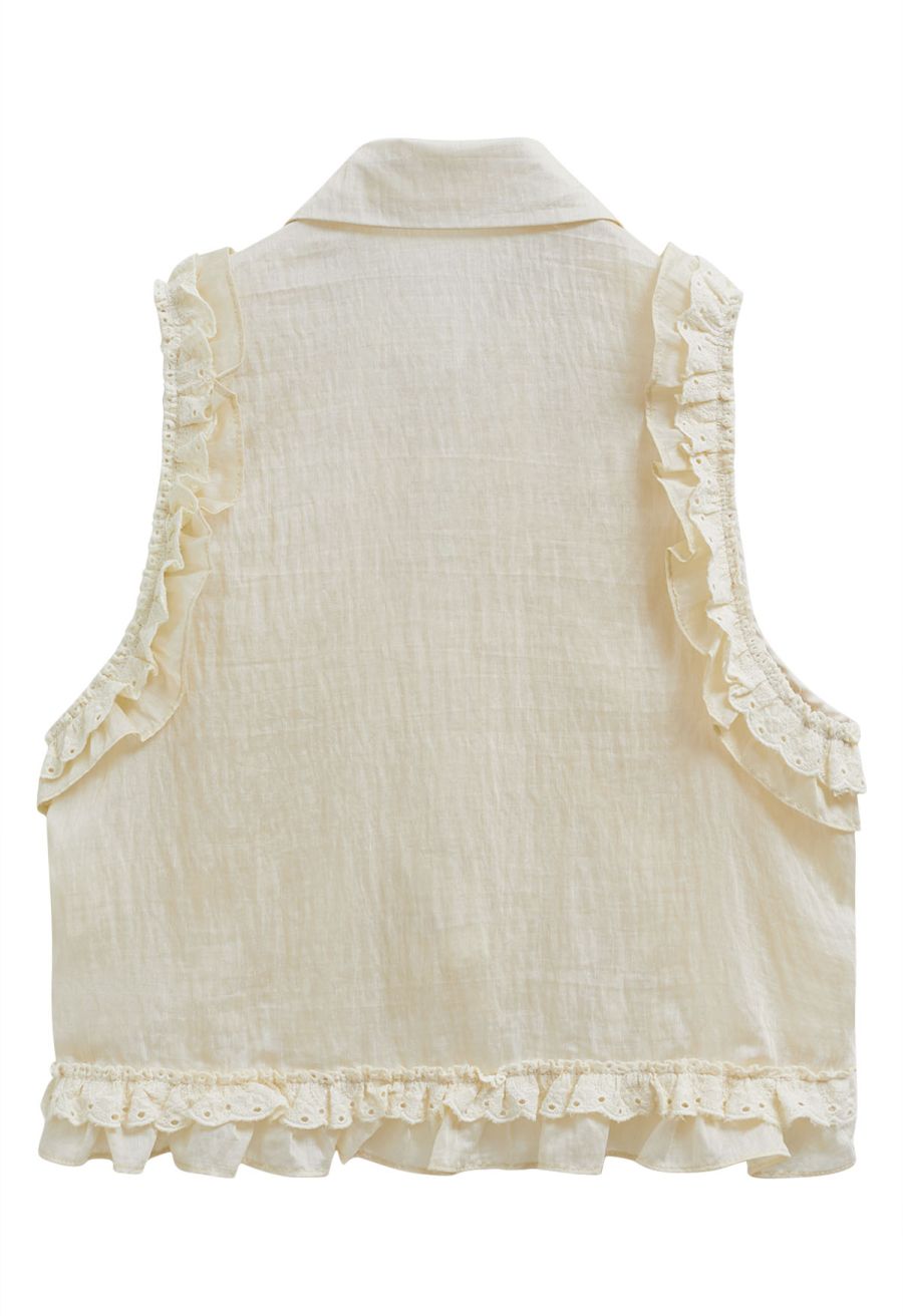 Ruffle Button-Front Semi-Sheer Sleeveless Top