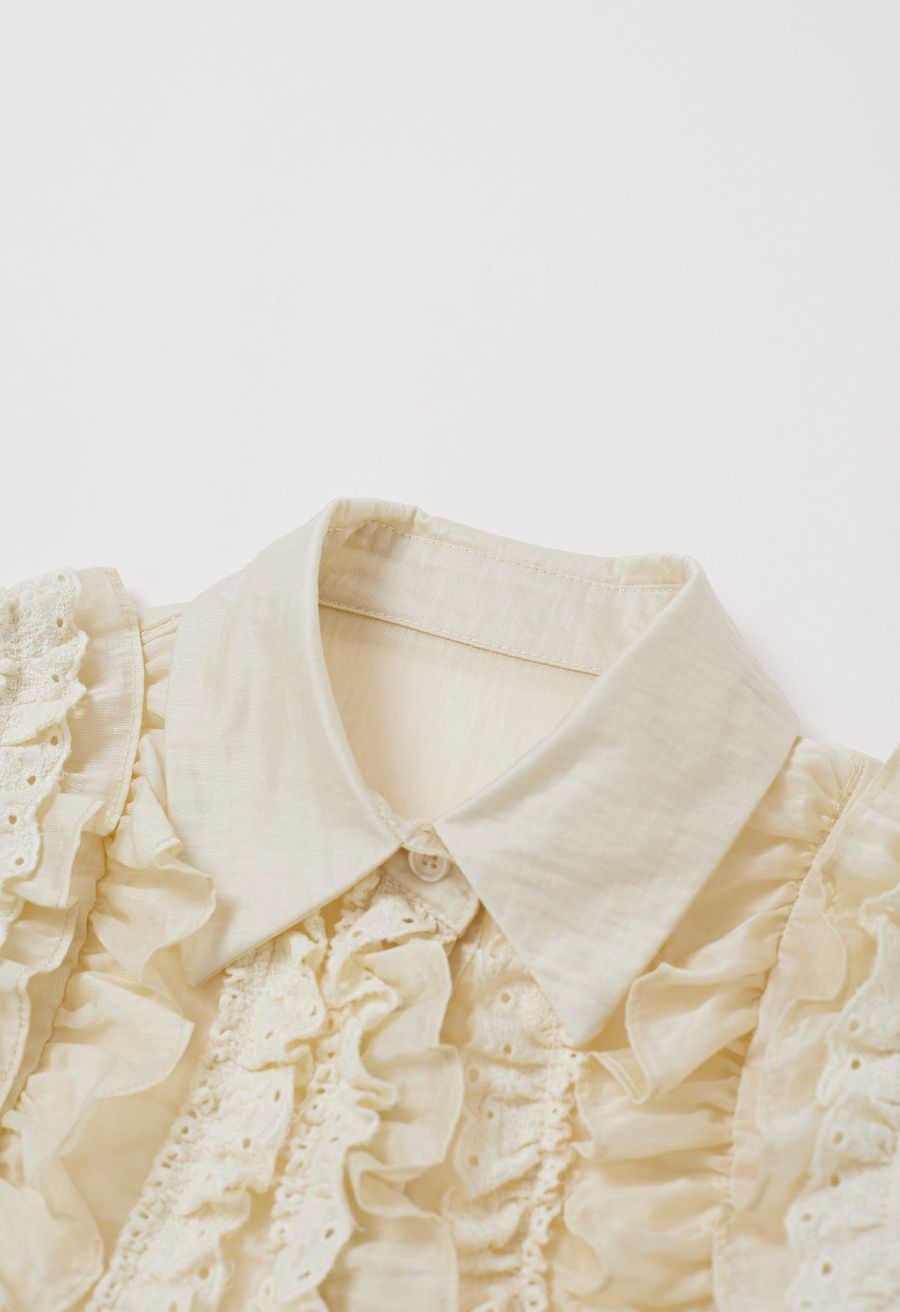Ruffle Button-Front Semi-Sheer Sleeveless Top