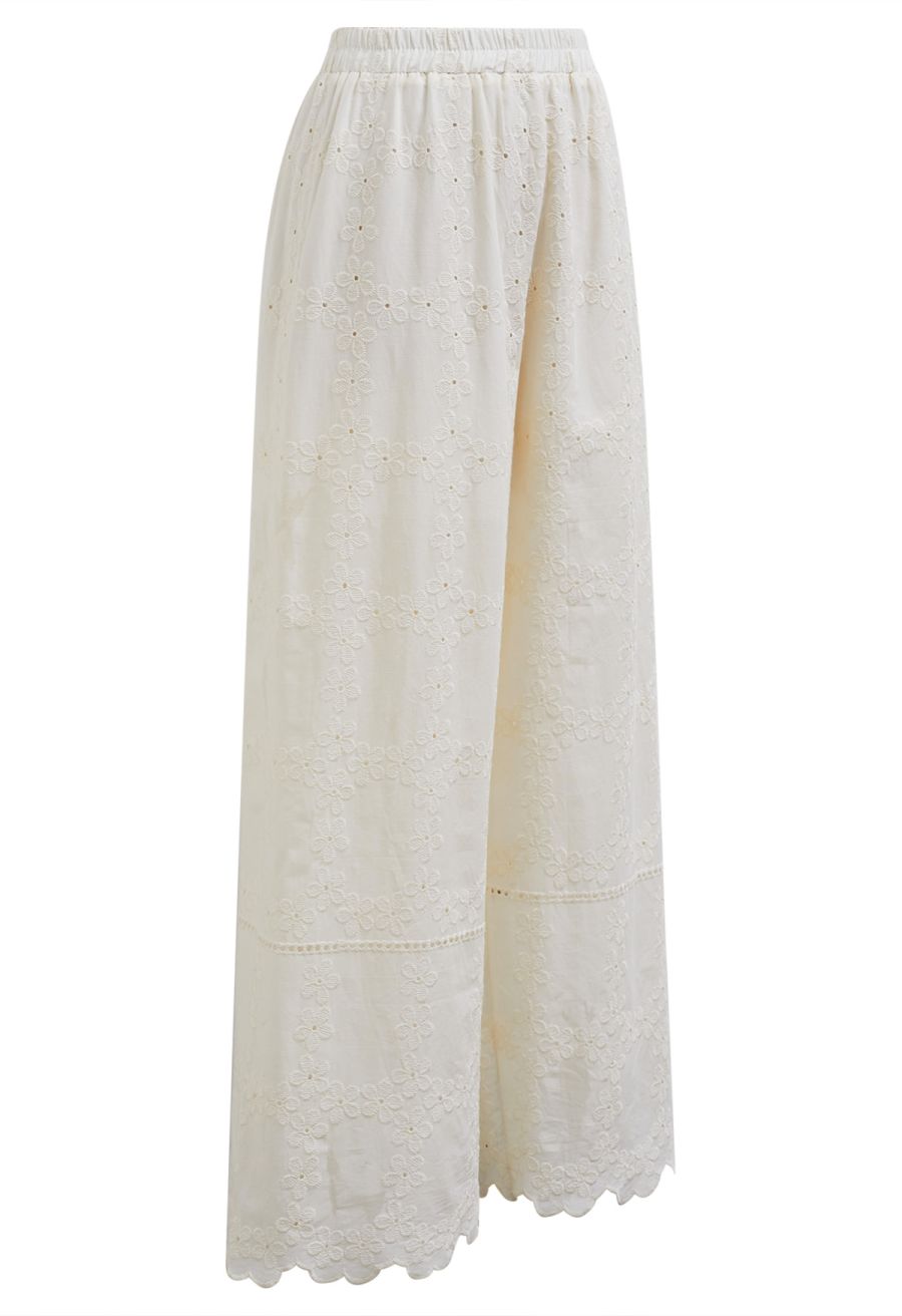 Lattice-Floret Embroidery Cotton Pants in Ivory