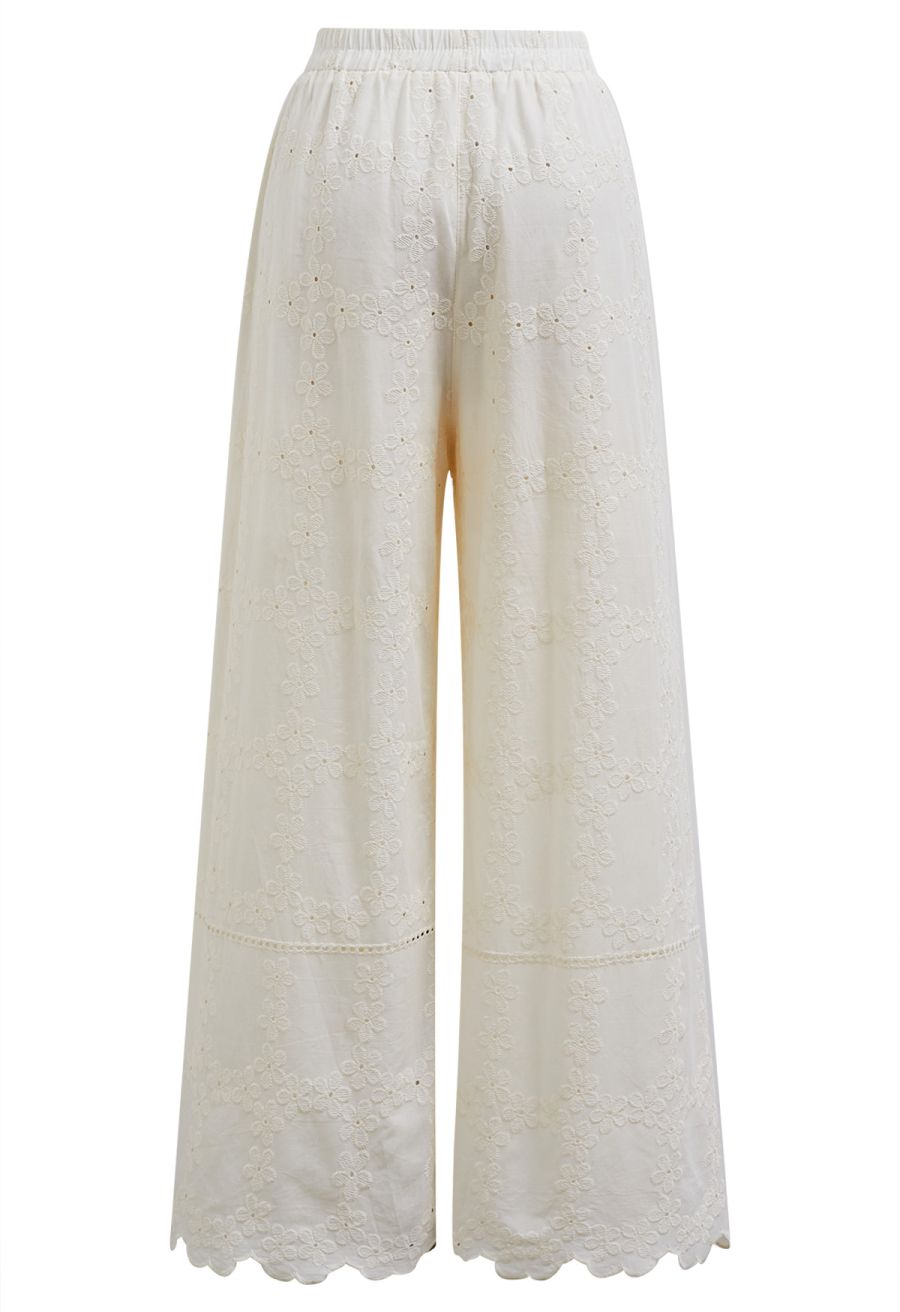 Lattice-Floret Embroidery Cotton Pants in Ivory