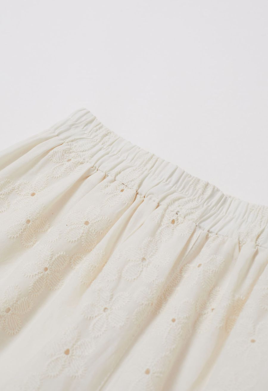 Lattice-Floret Embroidery Cotton Pants in Ivory