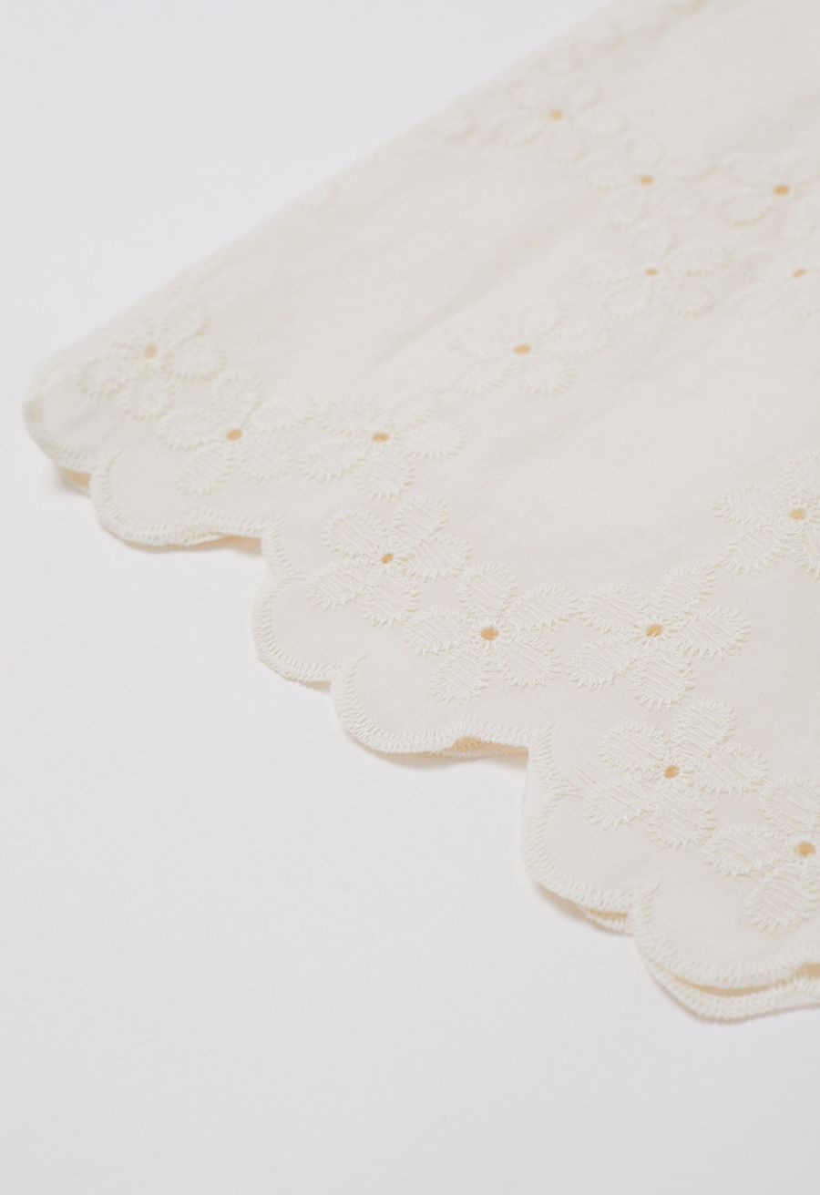 Lattice-Floret Embroidery Cotton Pants in Ivory