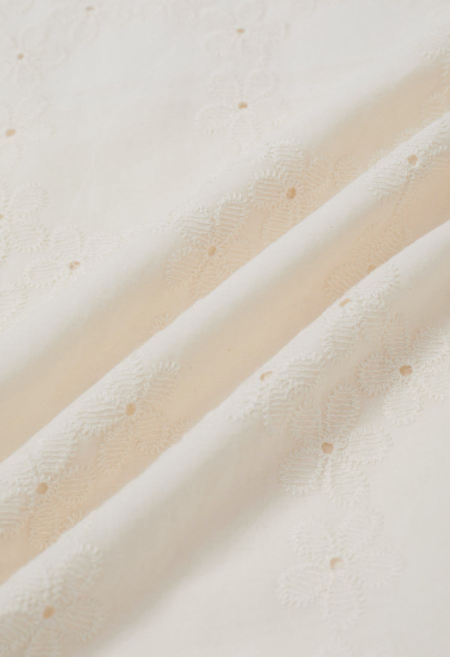 Lattice-Floret Embroidery Cotton Pants in Ivory